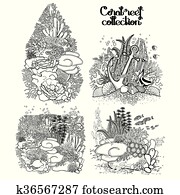 grafisk, korallrev, kollektion