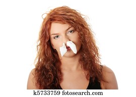 mulher jovem, com, alergia, ou, gelado