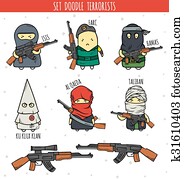 Set of detailed doodle character. Cartoon person. Personage with weapon