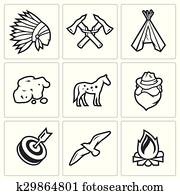 indianer, wilder westen, und, dass, goldrausch, heiligenbilder, set.