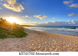 praia tropical, pôr do sol, em, Oneloa, praia, maui, havaí
