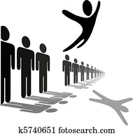 Symbol Person Leaps Out of Line Soars Above People Symbol Person Leaps Out of Line Soars Above People
