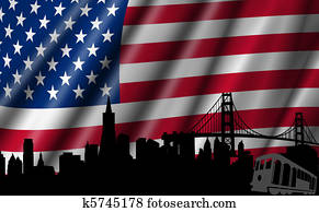 USA American Flag with Golden Gate Bridge Skyline Silhouette USA American Flag with Golden Gate Bridge Skyline Silhouette