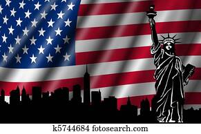 USA American Flag with Statue of Liberty Skyline Silhouette USA American Flag with Statue of Liberty Skyline Silhouette