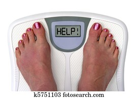 Feet on a bathroom scale with the word help! on the screen. Isolated.  Includes clipping path.