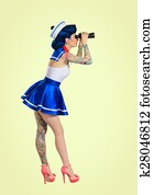 menina, com, binóculos, estilo retro