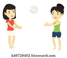 twee vrouwen, spelend, strand, volleyball.