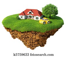 vida, de, um, dream., gramado, com, casa, árvore, e, esportes, carro., fantasia, ilha, ar, isolated., detalhado, chão, em, a, base., conceito, de, sucesso, e, felicidade, idyllic, ecológico, lifestyle.