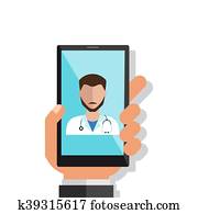 יד מחזיקה, smartphone, עם, רופא זכר, ב, התקשר, ו, an, אונליין, consultation., וקטור, דירה, illustration.