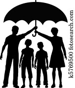 Family parents holding insurance security risk umbrella Family parents holding insurance security risk umbrella