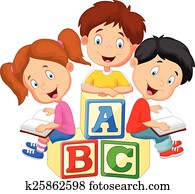 gyerekek, karikatúra, olvasókönyv, és, dél