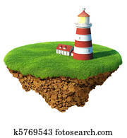 Lighthouse on the island. Detailed ground in the base. Concept of success and happiness, idyllic ecological lifestyle. Lighthouse on the island. Detailed ground in the base. Concept of success and happiness, idyllic ecological lifestyle.