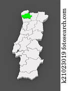 mapa, de, braga., portugal.