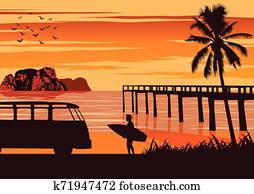 naturszene, von, meer, in, summer,, mann, halten, surfbrett, bei, sandstrand, und, h?lzern, port,, altmodisch, farbe design naturszene, von, meer, in, summer,, mann, halten, surfbrett, bei, sandstrand, und, h?lzern, port,, altmodisch, farbe design