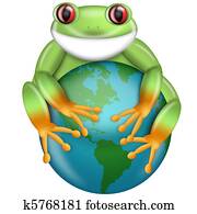Red-Eyed Green Tree Frog Hugging Planet Earth Red-Eyed Green Tree Frog Hugging Planet Earth