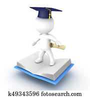 3D Character flying on top of opened book with diploma and graduation cap 3D Character flying on top of opened book with diploma and graduation cap