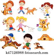 Cartoon little kids with their pets Cartoon little kids with their pets