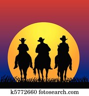 drei, cowboys, an, sonnenuntergang drei, cowboys, an, sonnenuntergang