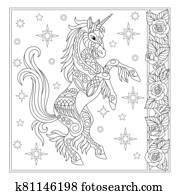 színezés, oldal, noha, egyszarvú, és, csillaggal díszít