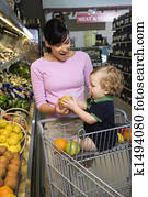 Mother grocery shopping with toddler.
