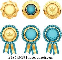 Turquoise award rosettes and gold heraldic medals Turquoise award rosettes and gold heraldic medals