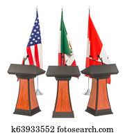 United States - Mexico - Canada Agreement, USMCA or NAFTA meeting concept. 3D rendering United States - Mexico - Canada Agreement, USMCA or NAFTA meeting concept. 3D rendering