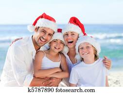 家族, の間, クリスマス, ビーチにおいて