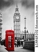 cabine telefone vermelha, e, ben grande, em, londres, inglaterra, a, UK.