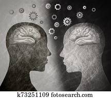 Group therapy. 2 human heads in silhouette profile with brain and gears. Neuroscience or neurology seminar. Neurological assistance and therapy. Improve intelligence and memory. Trainer Group therapy. 2 human heads in silhouette profile with brain and gears. Neuroscience or neurology seminar. Neurological assistance and therapy. Improve intelligence and memory. Trainer
