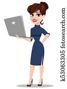 joven, caricatura, businesswoman., hermoso, dama, tenencia, laptop.