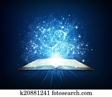 Old open book with magic light and falling stars Old open book with magic light and falling stars