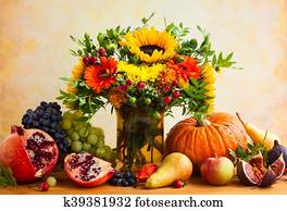 outono, flores, e, abóbora