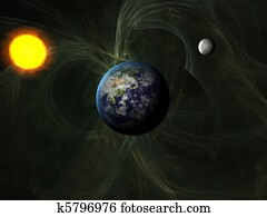 sol, sistema, com, terra, e, lua, com, distante, galáxia sol, sistema, com, terra, e, lua, com, distante, galáxia