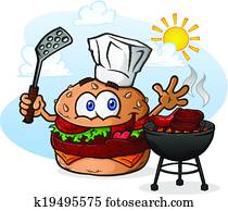 cheeseburger, karikatur, küchenchef, grillieren cheeseburger, karikatur, küchenchef, grillieren
