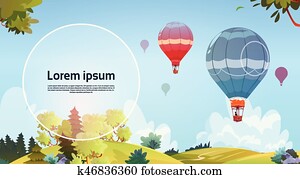 coloridos, ar, balões, voando, em, céu, sobre, verão, paisagem