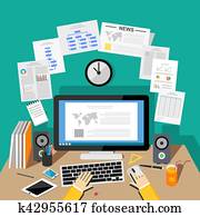 munka at, hivatal, vagy, otthon, íróasztal, noha, okmányok, és, computer., munka on, paperwork., cselekedet, sok, leckék