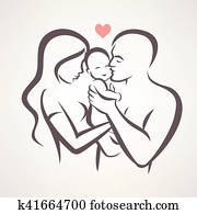 famille heureuse, stylisé, vecteur, symbole, jeune, parents, et, bébé