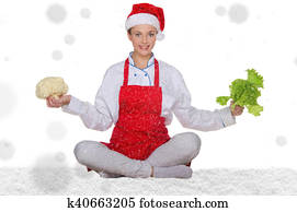 vrouw, cook, in, kerstmuts, yoga, groentes, onder, sneeuw