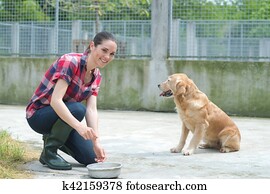 animal shelter volunteer feeding the dogs