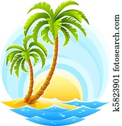 exotique, paume, à, mer, vague, sur, ensoleillé, fond