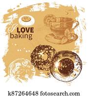 Hand drawn sketch happy birthday bakery vintage background. Tea time vector illustration Hand drawn sketch happy birthday bakery vintage background. Tea time vector illustration