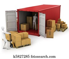 Two workers unload container Two workers unload container
