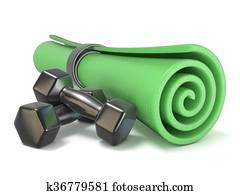 Green fitness mat and black weights Green fitness mat and black weights