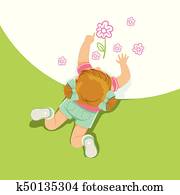 小女孩, 躺, 上, 她, 胃, 以及, 畫, 花, 由于, 她, 手, 頂視圖, ......的, 孩子, 在地板上