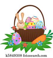 Easter bunny with a painted eggs in the basket Easter bunny with a painted eggs in the basket