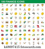 honderd, financiën, iconen, set, spotprent, stijl