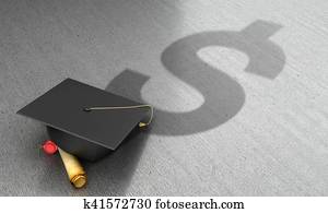The concept of paid training. Academic hat with diploma dollar cast a shadow.3D illustration