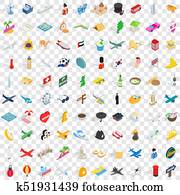 100 voyage icons set, isometric 3d style