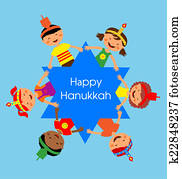 children celebrating Hanukkah and holding hands , Jewish holiday. children celebrating Hanukkah and holding hands , Jewish holiday.