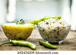 Close up of popular Indian & Asian lunch dish on brown colored surface i.e. Kadhi or Karhi and kichdi or chawal with fresh green chilies. Close up of popular Indian & Asian lunch dish on brown colored surface i.e. Kadhi or Karhi and kichdi or chawal with fresh green chilies.